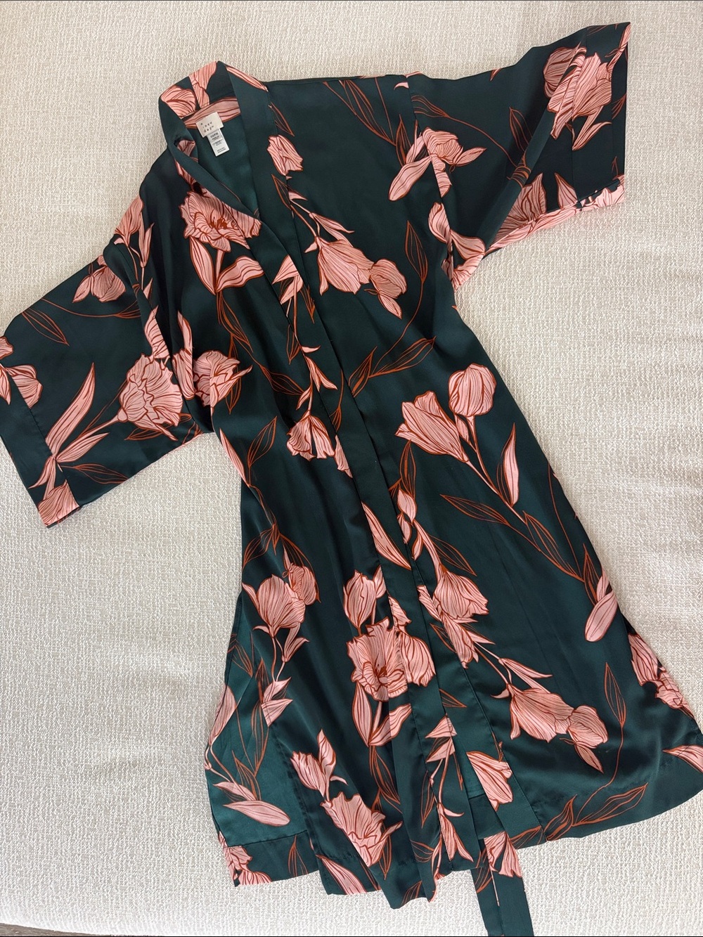 Floral Satin Robe in Dark Green with Pink Blossoms